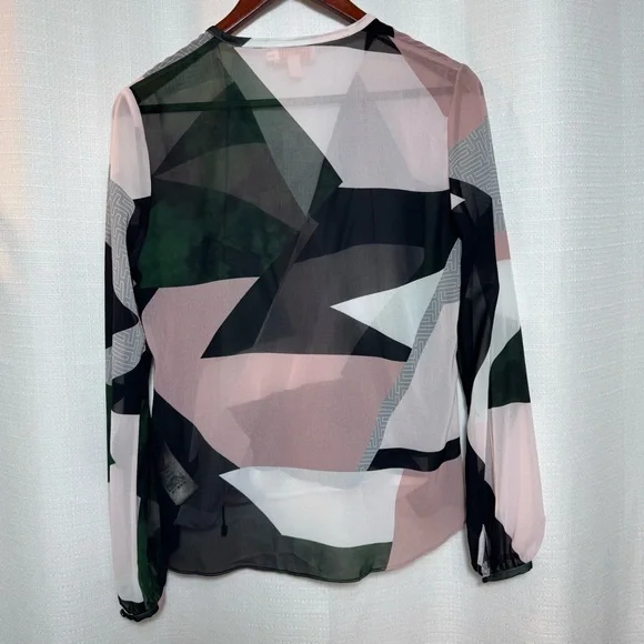 Ted Baker London Sheer Geometric Waterfall Blouse Designer Pink Green Size 1 - Picture 2 of 8